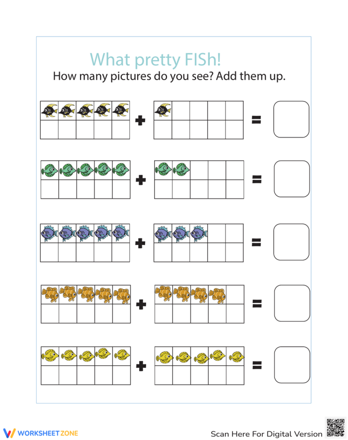 A school of colorful fish swimming together with addition math problems for first grade students to solve