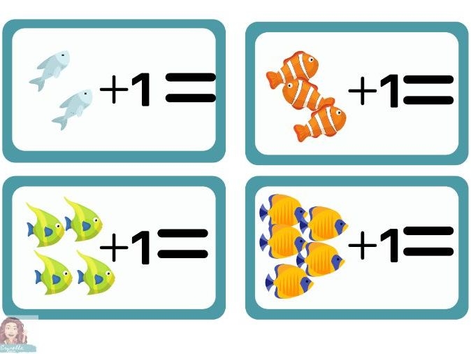 A school of colorful fish swimming together with first grade addition problems displayed among them