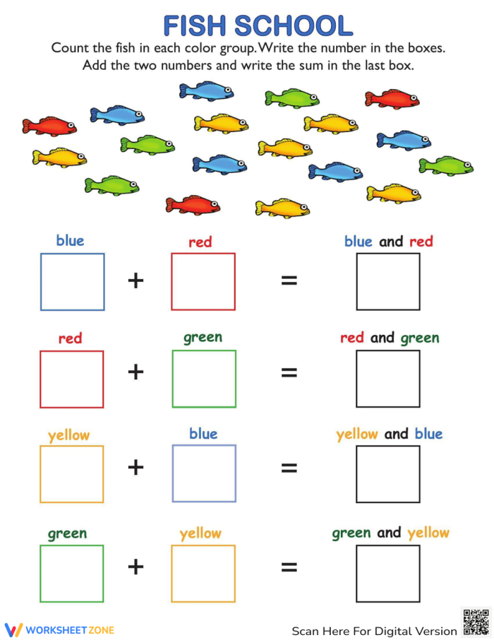First grade student solving simple addition problems featuring a colorful school of fish
