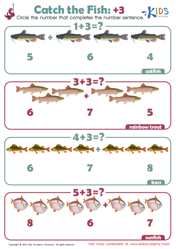 First grade student solving simple addition problems featuring a colorful school of fish