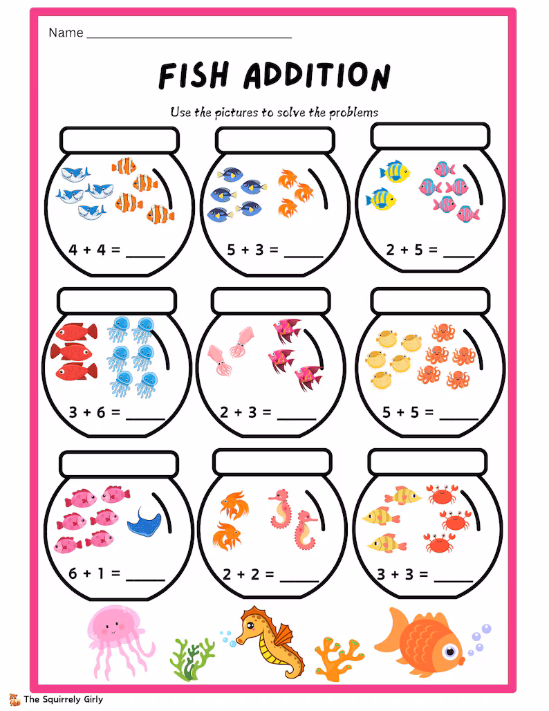 Colorful fish swimming together in a school with first grade addition math problems displayed among them