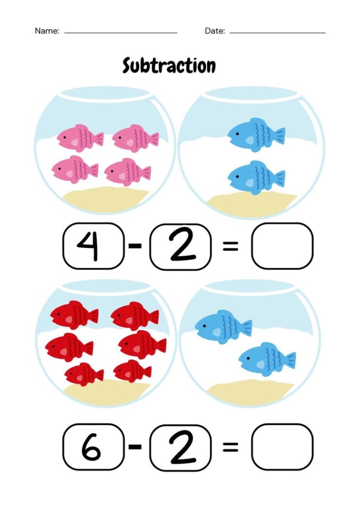 A school of colorful fish swimming together with addition math problems for first grade students to solve