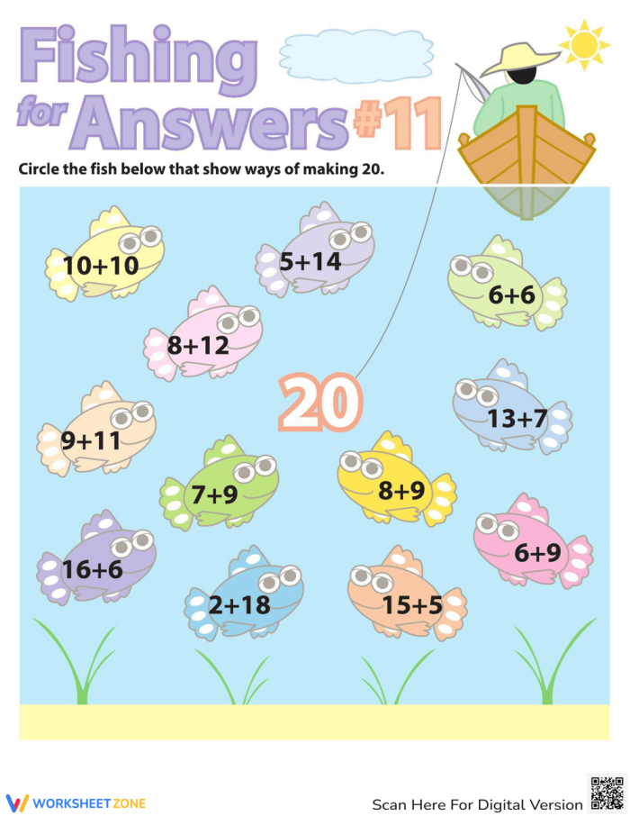 First grade student solving addition problems on a worksheet featuring a colorful school of fish