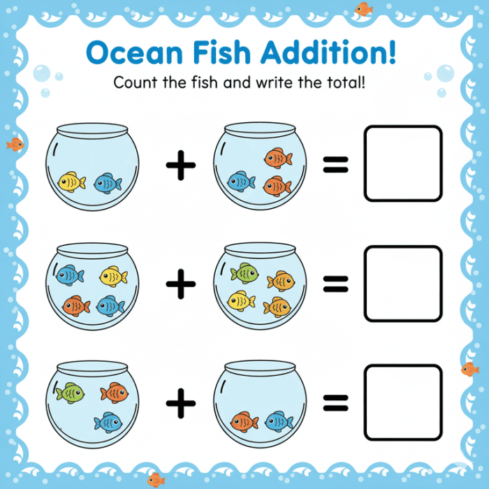 Colorful fish swimming together in a group with addition math problems displayed around them for first grade students