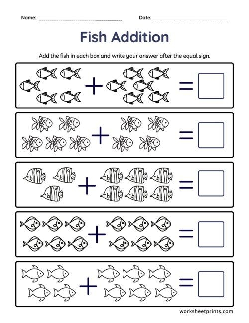 A colorful worksheet featuring a school of fish for a first grade addition math lesson