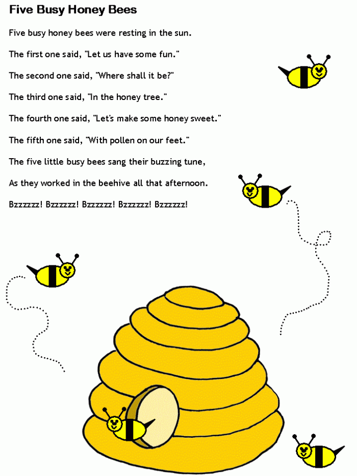 Five Busy Honey Bees worksheet featuring a poem and space for drawing