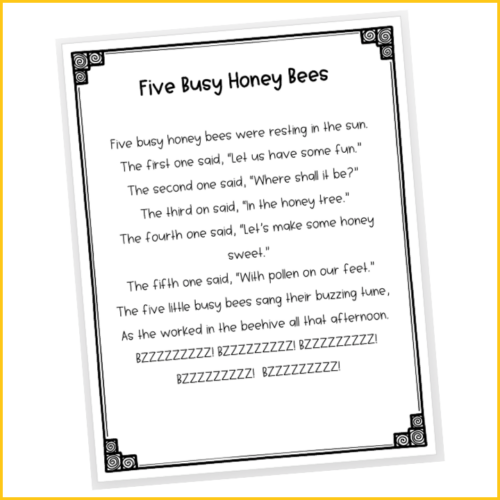 Illustration of children engaging with the Five Busy Honey Bees worksheet