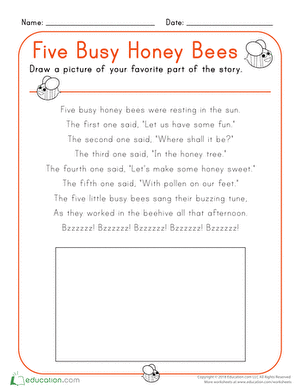 Five Busy Honey Bees worksheet with children illustrating a poem