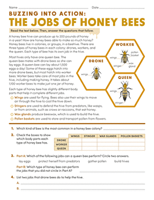 A colorful worksheet featuring the poem "Five Busy Honey Bees" for Pre-K students