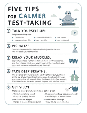 Five Tips for Calmer Test-Taking for Kindergarteners Worksheet featuring five calming test-taking tips for kindergarten students