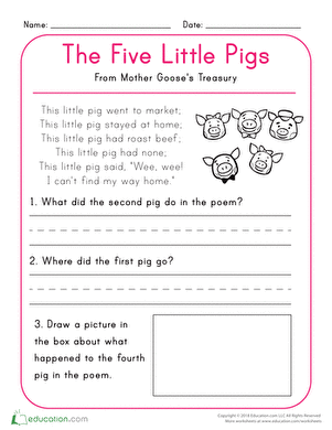 Engaging reading activity for Kindergarten students on "The Five Little Pigs Worksheet featuring "The Five Little Pigs" poem with comprehension questions for kids