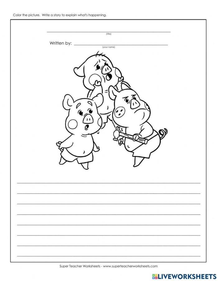 Engaging reading activity for young learners based on The Five Little Pigs A colorful worksheet for kindergarten featuring The Five Little Pigs poem and comprehension questions