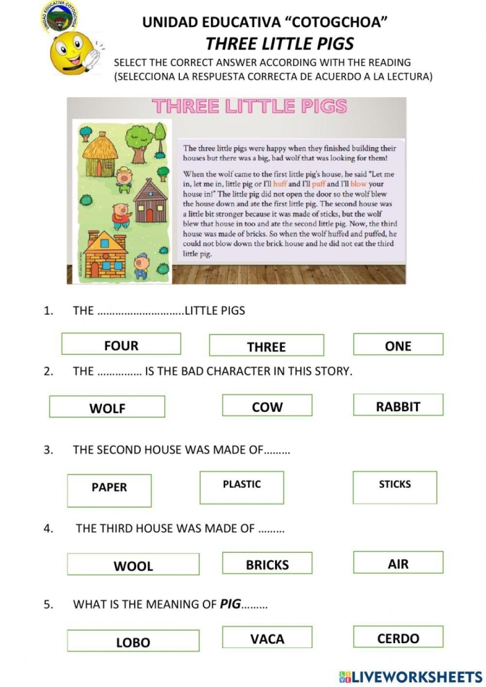 Worksheet featuring reading comprehension questions based on the famous poem Illustration of "The Five Little Pigs" worksheet for kindergarten students
