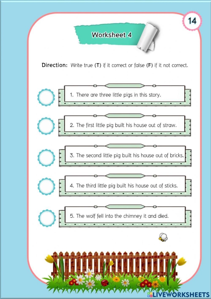 Title image for a reading comprehension worksheet on "The Five Little Pigs" for young learners Worksheet featuring "The Five Little Pigs" poem and comprehension questions for kindergarten students