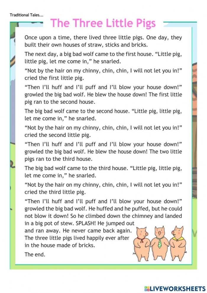 Engaging reading comprehension activity based on "The Five Little Pigs Colorful worksheet featuring "The Five Little Pigs" poem for kindergarten students