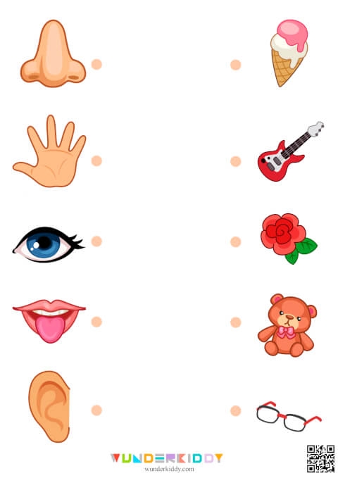 Pre-K worksheet with colorful illustrations for matching body parts to the five senses