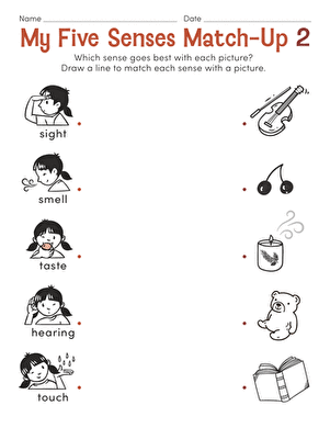Pre-K student worksheet matching different everyday objects to each of the five senses