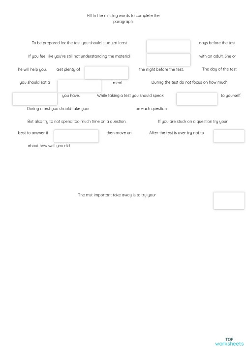 Tips for staying calm during quizzes and exams for kindergarten students Worksheet featuring five calming strategies for test-taking success