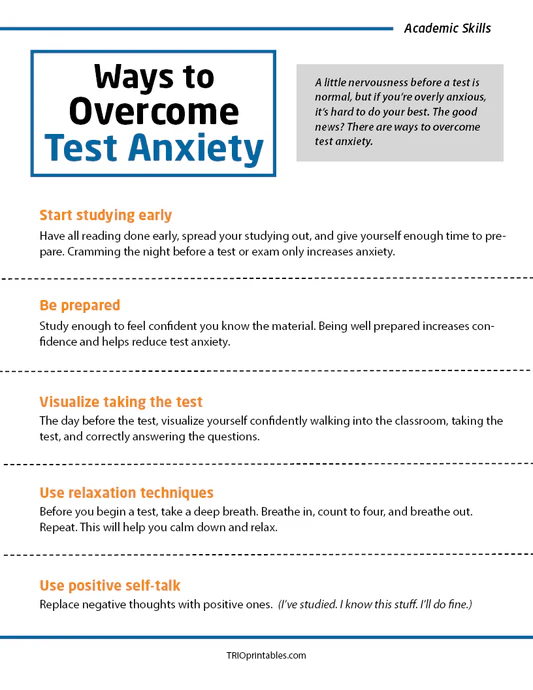 Worksheet featuring calming strategies for young learners facing quizzes and exams Five tips for staying calm and focused during test-taking for kindergarten students
