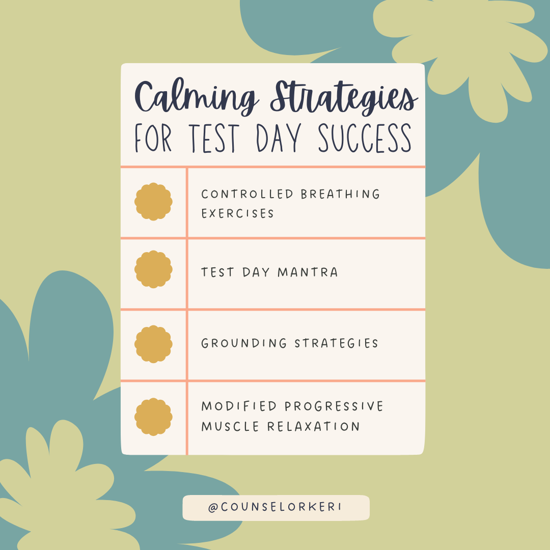 Worksheet featuring strategies to maintain calm during quizzes and exams Five Tips for Calmer Test-Taking worksheet designed for kindergarten students