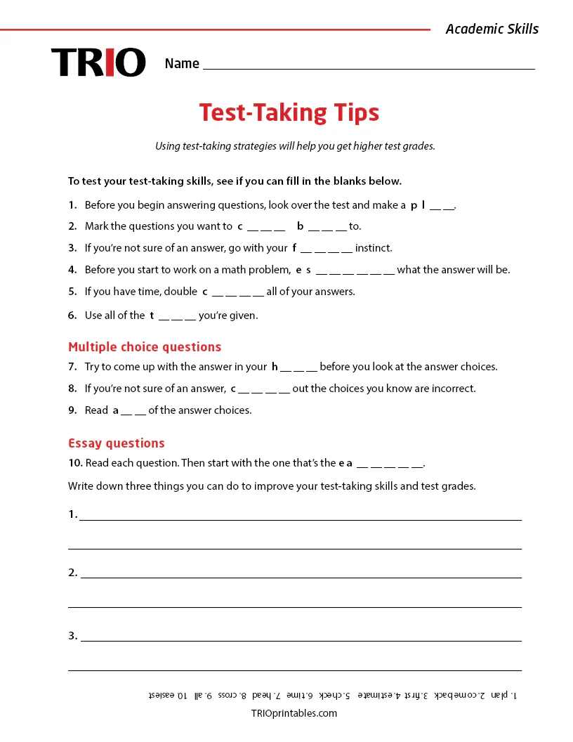 Helpful strategies for staying calm during quizzes and exams Five Tips for Calmer Test-Taking worksheet designed for kindergarten students