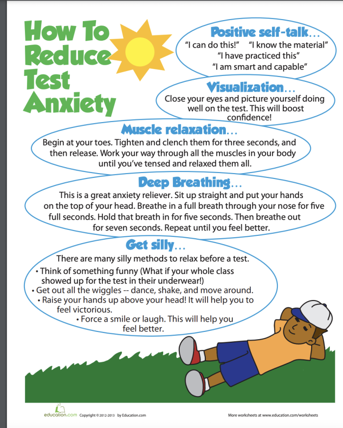 Worksheet featuring calming strategies for young learners' exams Five tips for staying calm during tests for kindergarten students