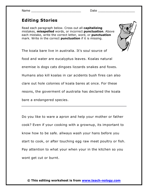 Sixth grade students practicing copyediting skills on a grammar worksheet page twenty