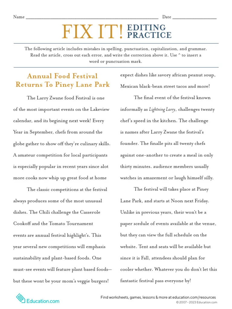 Sixth grade student completing a Fix It! Editing Practice worksheet for grammar improvement