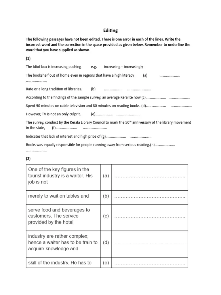 Sixth grade student completing a grammar and copyediting practice worksheet