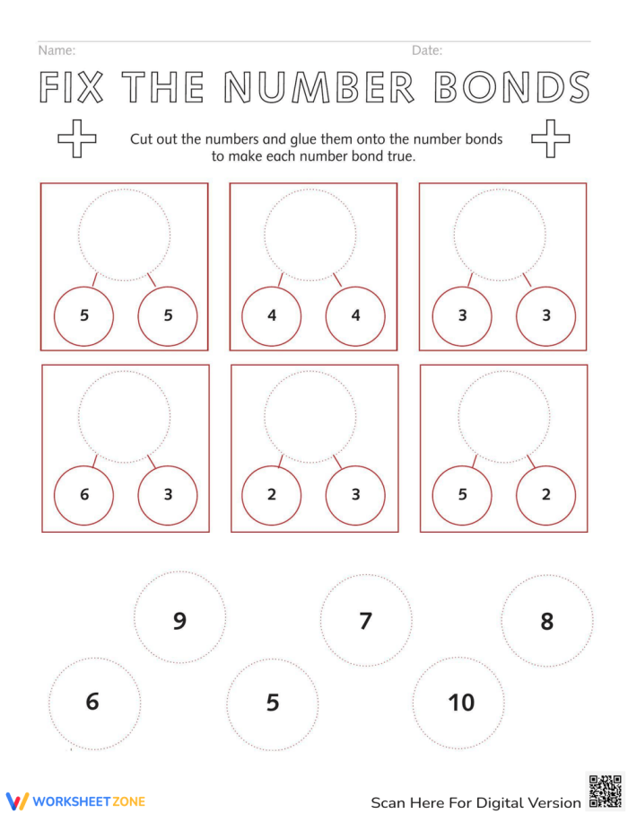 Kindergarten worksheet page 25 for fixing number bonds within 10 by cutting and pasting missing values