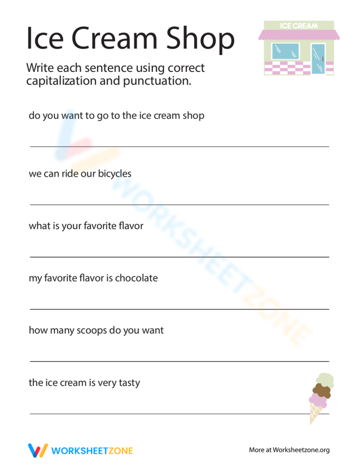 Second grade student worksheet featuring an ice cream shop story for practicing capitalization and punctuation skills