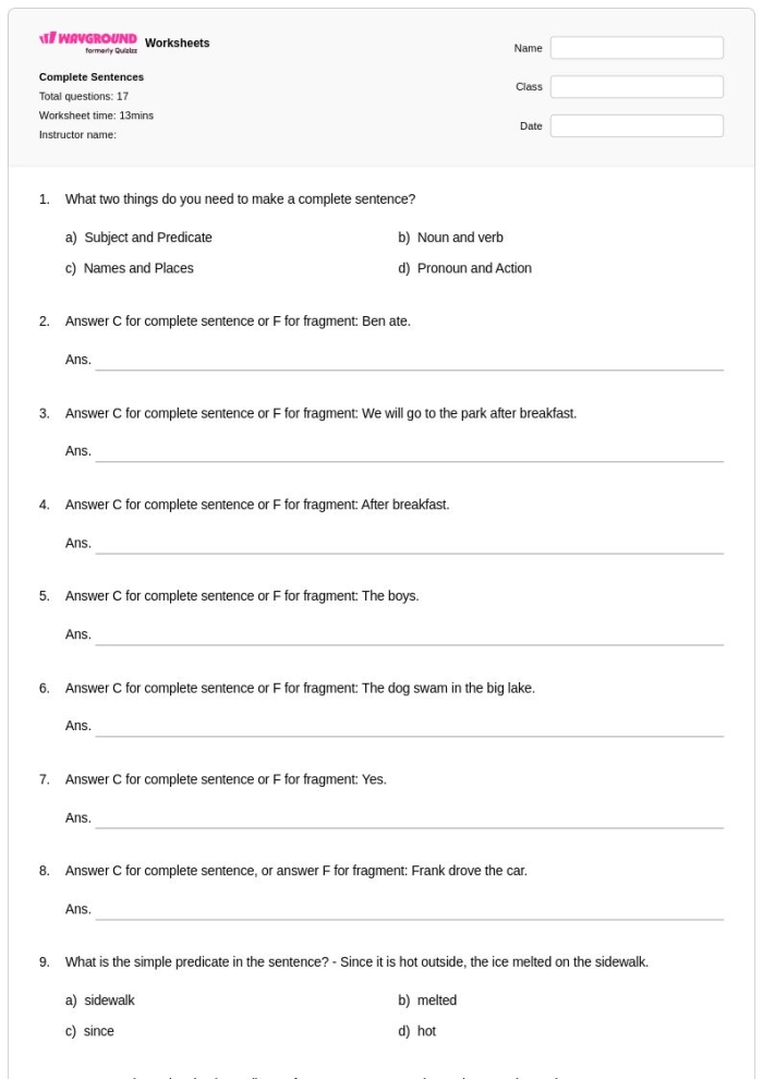 Sentence Fragments to Complete Sentences Worksheet 19 Second grade grammar worksheet focusing on converting sentence fragments into complete sentences