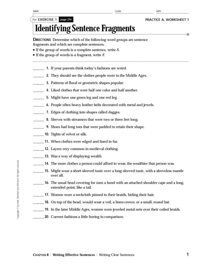 Recognize a Fragment When You See One! educational activity for reading comprehension Worksheet guiding fourth graders to identify sentence fragments and rewrite them into complete sentences