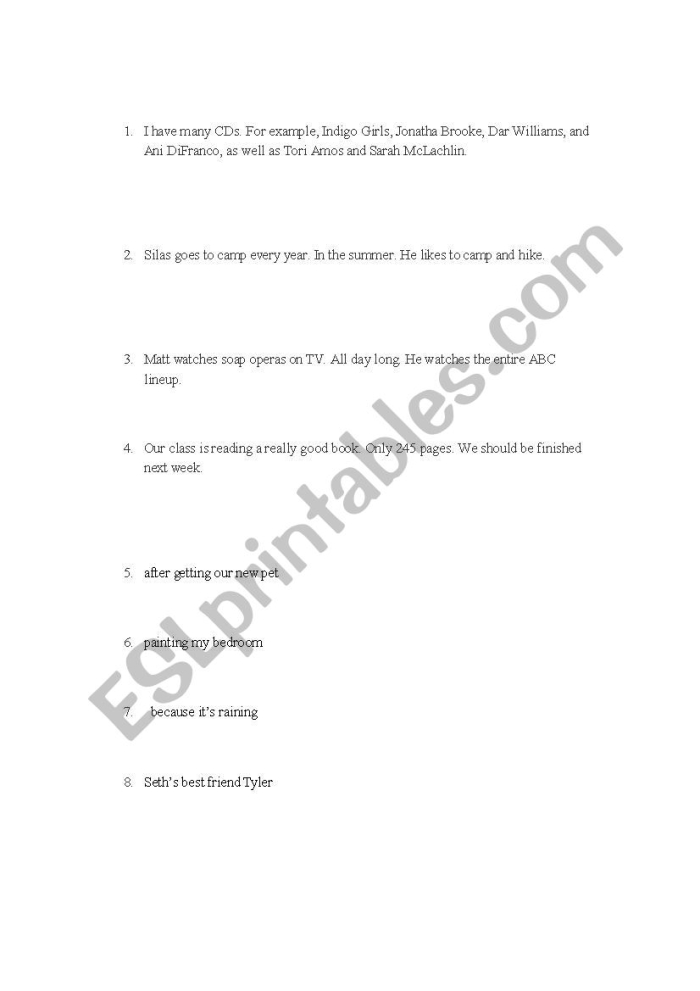 Worksheet for identifying and completing sentence fragments in reading activities Worksheet showing examples for recognizing sentence fragments and rewriting them for fourth graders