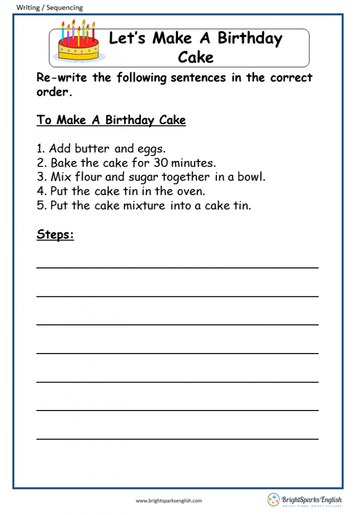 Fix the Sentences: Baking a Cake worksheet for reading practice worksheet image featuring sentences about baking a cake for second graders