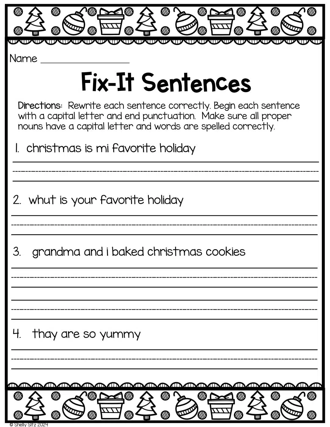 Second grade student fixing capitalization and punctuation errors on a rainy day themed writing worksheet