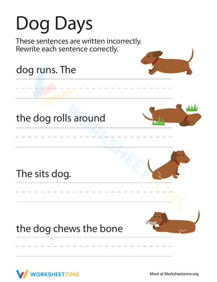 Dog Days worksheet image showcasing kindergarten sentence correction activities Children working on the Fix the Sentences: Dog Days worksheet to improve grammar skills