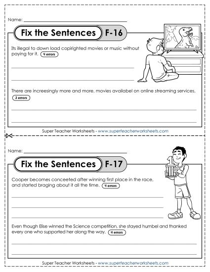 A second grade student worksheet showing sentences about an ice cream shop with capitalization and punctuation errors to correct