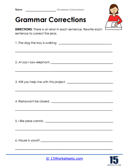 A second grade student worksheet showing sentences about an ice cream shop with capitalization and punctuation errors that need to be corrected