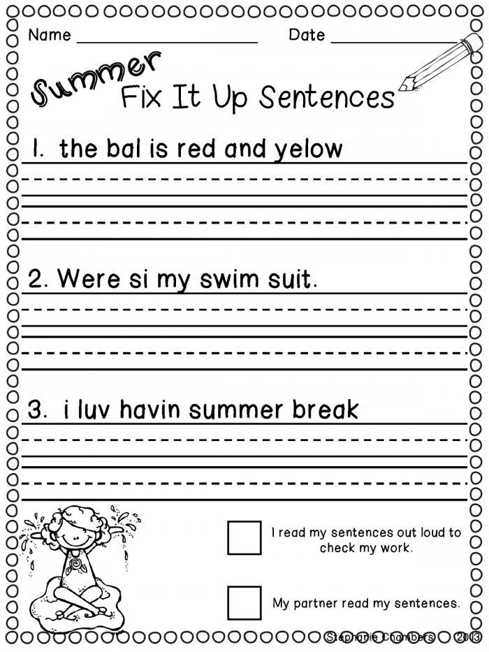 Second grade students rewriting sentences about rainy day activities with corrections for capitalization and punctuation marks