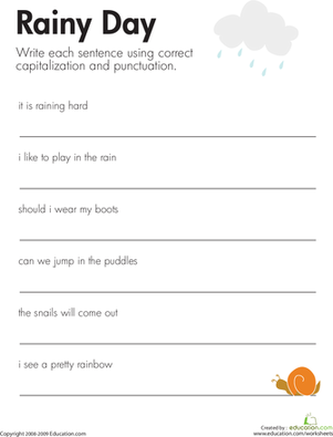 Second grade student practicing capitalization and punctuation on a Fix the Sentences Rainy Day worksheet