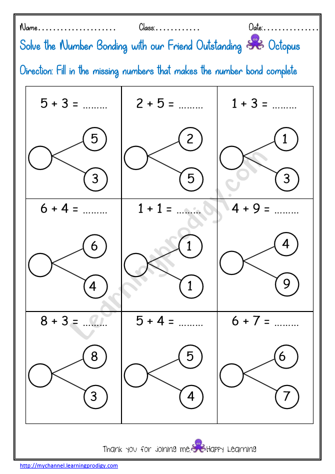 Kindergarten student completing a Fix the Number Bonds worksheet by adding numbers to 10
