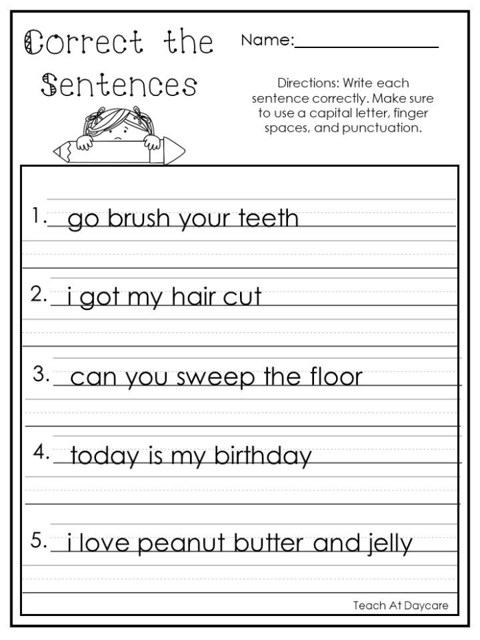 Engaging grammar exercise for kindergarten students on sentence structure Kitty Cat worksheet for practicing sentence capitalization and punctuation