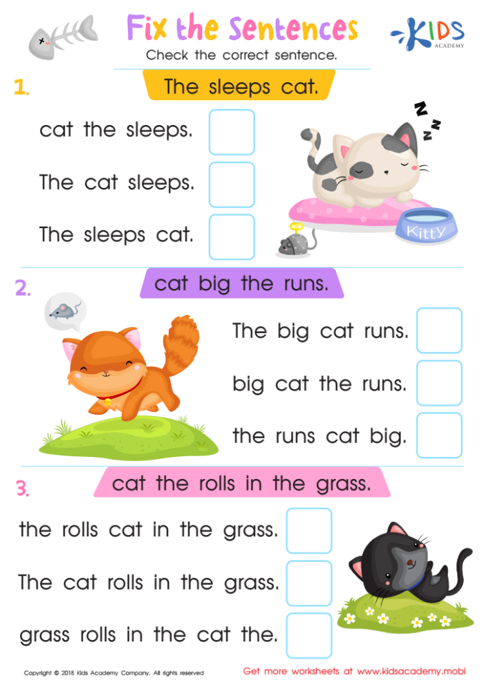 Fix the Sentences: Adjective Order worksheet for enhancing grammar skills Worksheet for teaching fourth graders about the proper order of adjectives in sentences