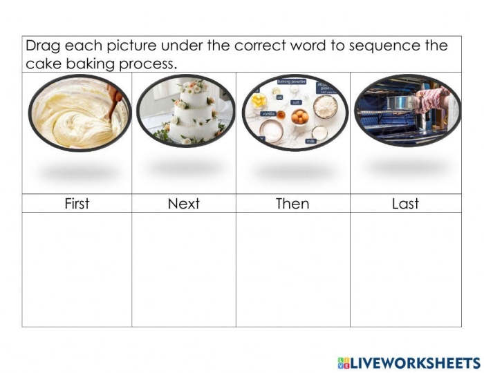 Fix the Sentences: Baking a Cake worksheet for grade two writing practice Worksheet image showing sentences about baking a cake with errors for second graders to correct