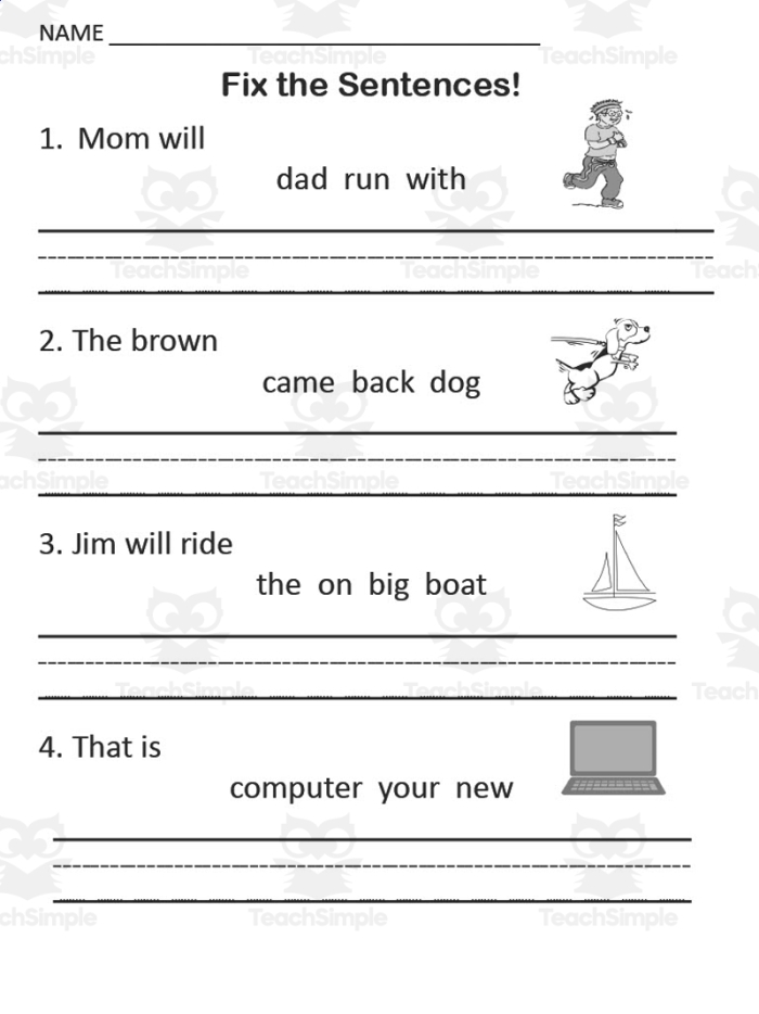 Fix the Sentences: Baking a Cake worksheet for second grade writing practice Worksheet showing sentences about baking a cake with errors for second graders to correct