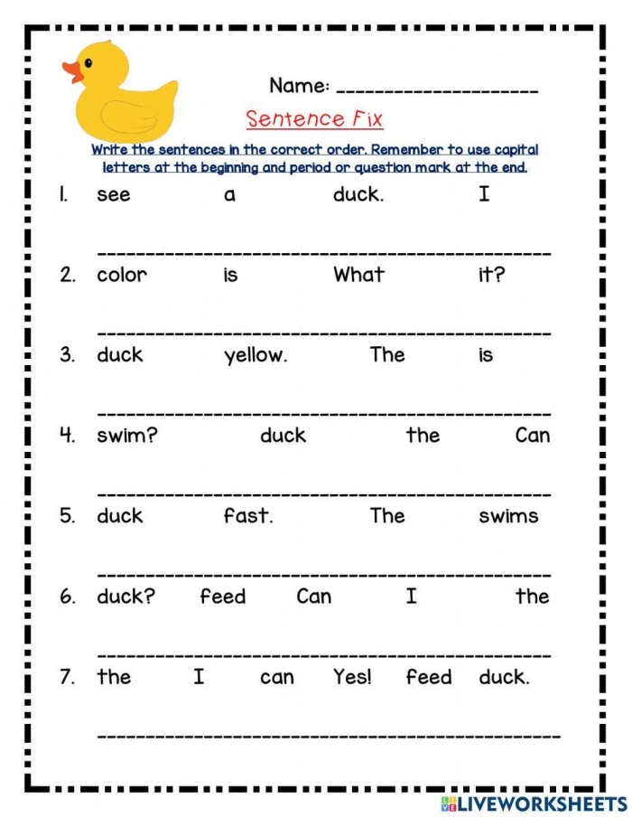 Fix the Sentences: Bicycle Ride worksheet for first graders Worksheet featuring sentences about bicycle rides for kids to correct