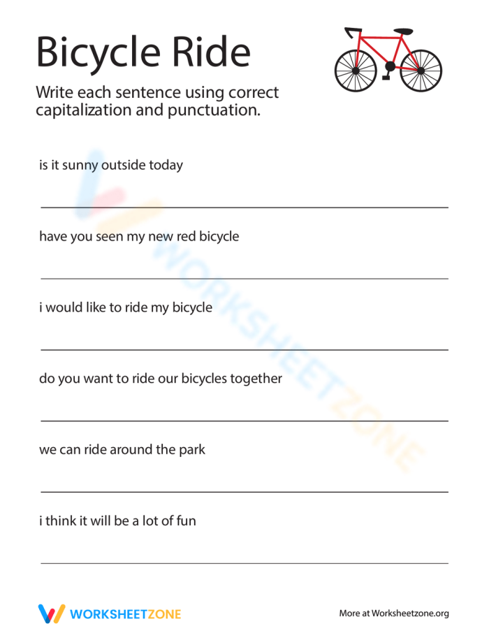Worksheet for first graders to fix capitalization and punctuation in bike ride sentences A first-grade worksheet featuring sentences about bicycle riding with errors for correction