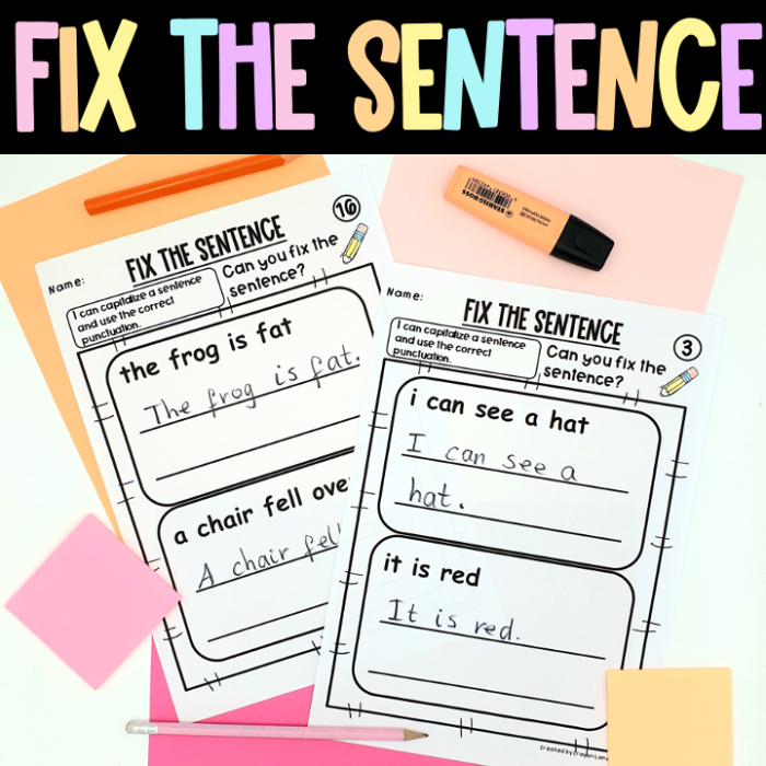 Engaging worksheet for kindergarteners to practice sentence structure and punctuation Kids working on the Dog Days worksheet to correct sentences and improve grammar skills