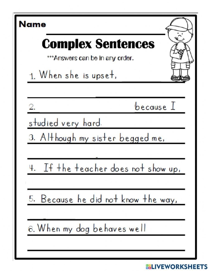 A second grade student worksheet showing sentences about an ice cream shop with capitalization and punctuation errors for children to correct